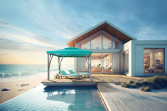 the ocean. For a holiday home or hotel, a luxury contemporary beach house with a pool and sun loungers is available. Generative AI