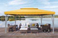 Outdoor terrace living area with beautiful lake and mountain view 3d render,There are old wood floor,Decorate with rattan furniture,Surrounded by nature